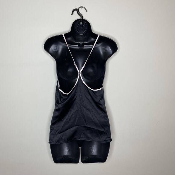 VICTORIA'S SECRET Black Shiny Satin Pink Trim Racer Back Tank Slip‎ Top Sz M NEW - Picture 4 of 9